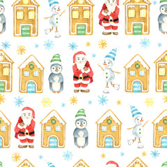 Seamless winter pattern. Christmas watercolor background. Hand drawn, Santa Claus, gingerbread houses and snowflakes. Cartoon character, isolated ojects on white background