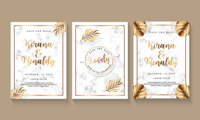 Wedding invitation template with marble background and botanical element