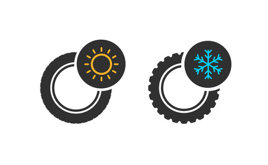 Car wheels with winter and summer tires. Winter tires with snowflake and summer symbols