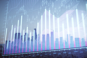Forex chart on cityscape with skyscrapers wallpaper double exposure. Financial research concept.