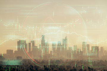 Forex chart on cityscape with skyscrapers wallpaper multi exposure. Financial research concept.
