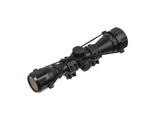 modern black optical scope for weapon isolated on whited. sight scope isolated on white back.