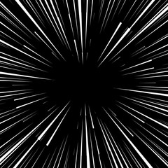 Speed lines background with space for text. Effect motion lines for comic book, manga. Radial rays from center of frame with effect explosion. Template for web and print design. Black and white vector