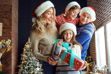 The family give gifts to the house at Christmas.