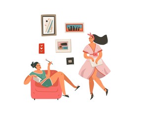 Hand drawn vector abstract cartoon modern graphic businesslady girls at home set illustration art isolated on white background