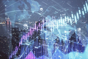 Obraz premium Podwójna ekspozycja rysunków wykresów forex na tle miasta. Pojęcie sukcesu.