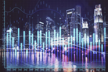 Financial chart on city scape with tall buildings background multi exposure. Analysis concept.