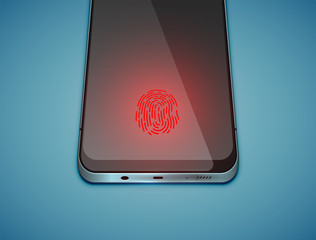 Realistic smartpgone with red fingerprint sensor on display, vector illustration