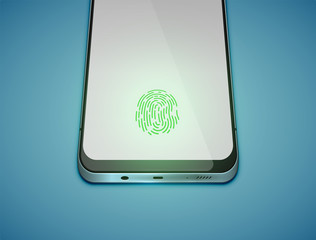 Realistic smartpgone with green fingerprint sensor on display, vector illustration