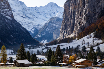 amazing touristic alpine village in winter  Lauterbrunnen  Switzerland  Europe