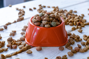 Fresh and natural dry pet food in a orange plastic bowl