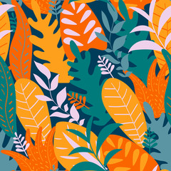Fototapeta na wymiar Bright tropical leaf seamless pattern. Modern floral texture, vector. Colorful illustration foliage. Bright exotic background for wallpapers, textile, surface decoration and more