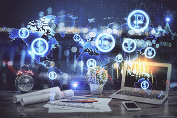 Fototapeta premium Financial graph colorful drawing and table with computer on background. Double exposure. Concept of international markets.