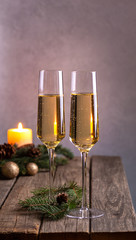Two Glasses of Champagne on Wooden Table