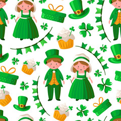 Saint Patrick day seamless pattern - kawaii cartoon boy and girl in retro dresses, shamrock, flags, garland, sweet cake, gift box - holiday vector background for wrapping, textile, digital paper