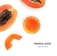 Creative layout made of papaya juice on the white background. Flat lay. Food concept. Macro concept.