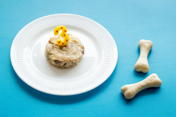 Birthday treat for puppy concept. Dog feed, candle in shape of number three, bones on blue background