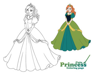 Pretty cartoon princess standing and wearing beautiful long dress. © TomatoLaccoon