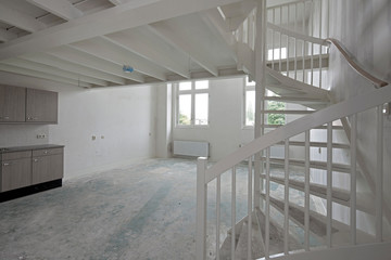 Modern Dutch architecture. Apartments Steenwijk Overijssel Netherlands. Interior design. Stairs. Empty space. Ready for furnishing. Not furnished.