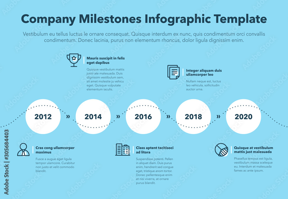 Leinwandbilder modern business infographic for company milestones timeline template with line icons - blue version.