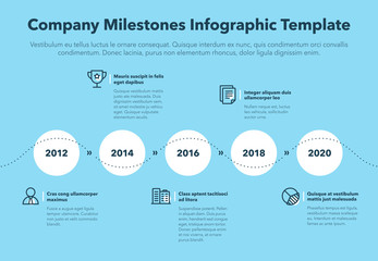 Modern business infographic for company milestones timeline template with line icons - blue version. Easy to use for your website or presentation.