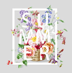  Foliage lettering. Floral illustration. summertime poster. For t-shirt, fashion, prints, banner or packaging design