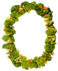 Letter O. Healthy lifestyle and nutrition. English alphabet. Text from the products. Broccoli, asparagus, carrots. Designer font. Vegetable Font.