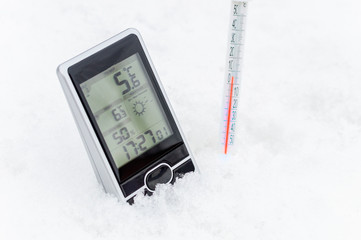 home weather station and snow thermometer, the thermometer shows the temperature on the red scale