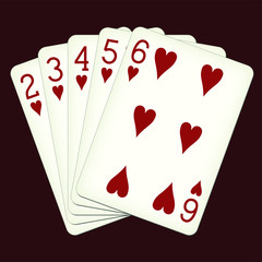Straight Flush of Hearts from Two to Six - playing cards vector illustration