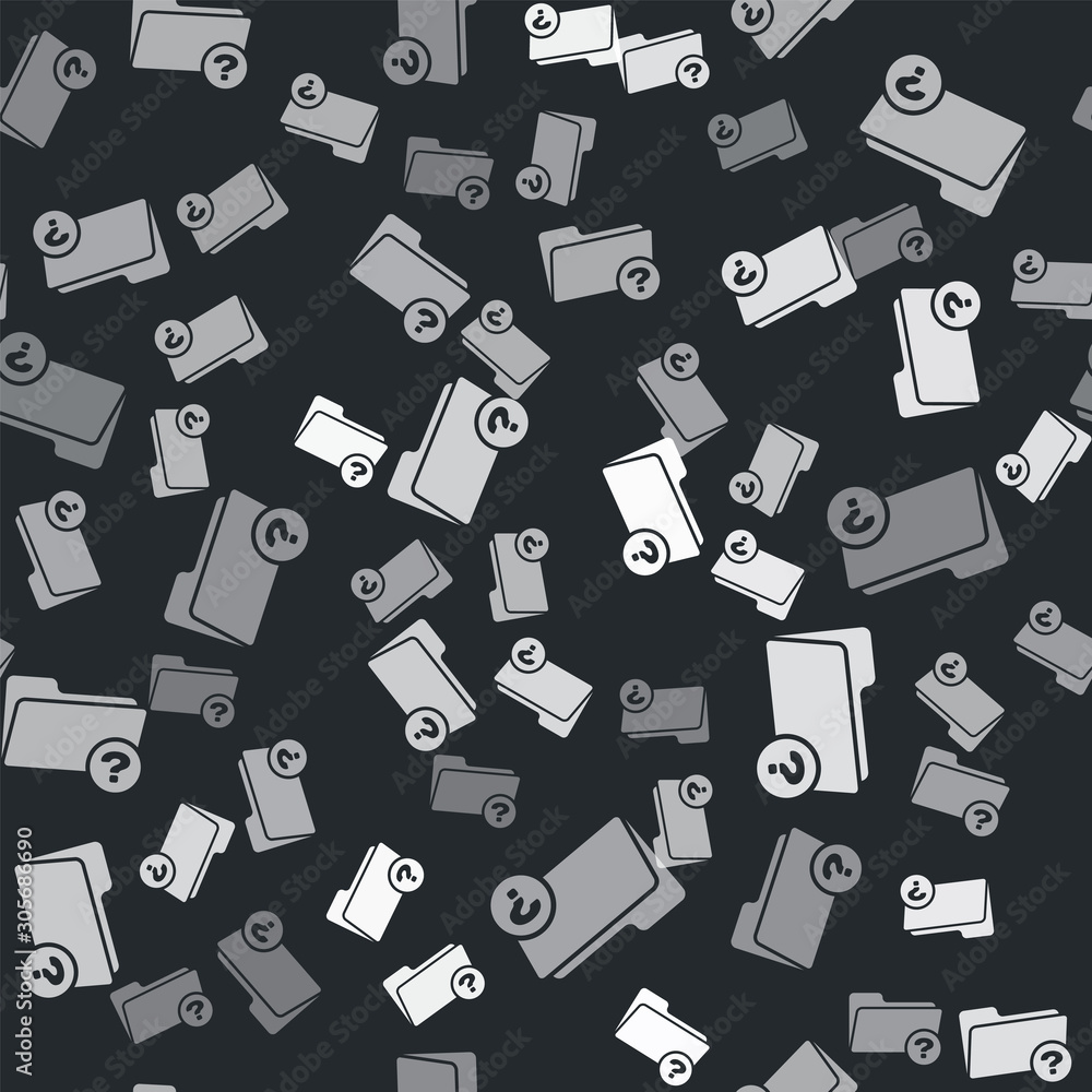 Poster grey unknown directory icon isolated seamless pattern on black background. magnifying glass and fold