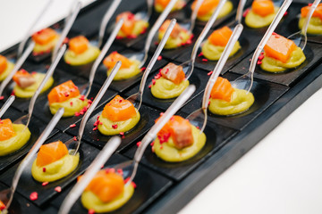 Detail of a canapes of a meal at an event, wedding, meeting or congress with food