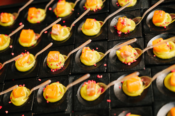 Detail of a canapes of a meal at an event, wedding, meeting or congress with food