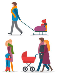 Family with kid in baby carriage walking together. Walk of parents and children outdoor in winter. Father rides daughter on vector sleigh. People in warm clothes like scarf and overcoat strolling