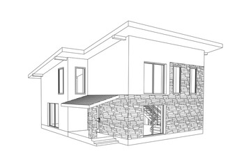 Vector wireframe perspective of Scandinavian modern house exterior. 3D vector model of cottage isolated on white background.