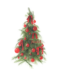 Christmas tree with christmas balls and red ribbon bow. Watercolor hand draw illustration isolated on white background. Merry Christmas and Happy New Year.