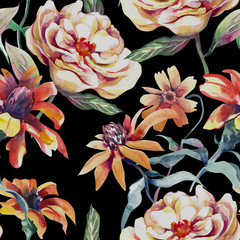 Summer Flowers Seamless Pattern. Watercolor Illustration.