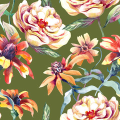 Summer Flowers Seamless Pattern. Watercolor Illustration.