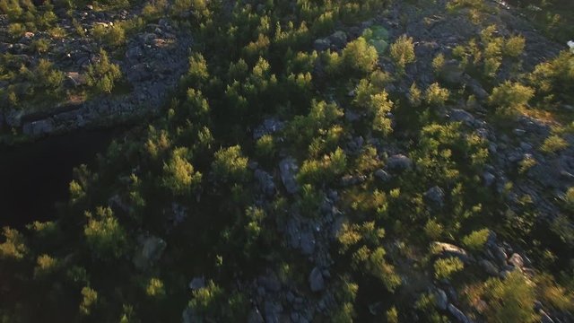 Rocky Forest Landscape. Aerial Overhead View. Location: Ritsem, Northern Sweden, Scandinavia. July Of 2018. 