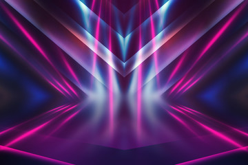 Empty dark abstract background. Background of empty show scene. Glow of neon lights on an empty concert stage.