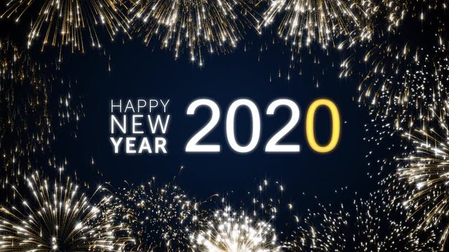 Happy new year 2020 social post card with gold animated fireworks on elegant black and blue background.Celebration animation for festive event.New year wishes.Congratulate new year.Loop animation