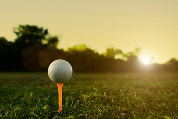 golf ball on tee in a beautiful golf course with morning sunshine