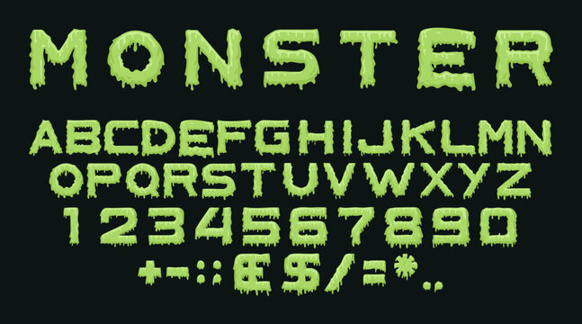 Monster type. Vector spooky alphabet with drops of flowing slime. Scary letters and numbers isolated on black background for halloween, theme party posters, flyers and decoration