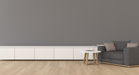 View of minimal living room with empty wall. White interior with TV cabinet, 3d rendering.	