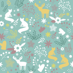Seamless scandinavian pattern with forest animals and plants on a green background. Winter vector illustration for decoration of fabric, wrapping paper, tile, wallpaper on the wall.
