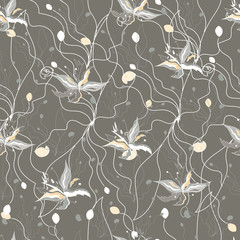 Textile floral pattern in french style, baroque, rococo. Contour light flowers seamless pattern with pearls on a beige background.