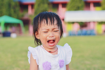 Portrait image of 1 years and 4 months old baby girl. Asian child girl crying when she playing with the toy at the playground. Expression and emotions of baby concept.