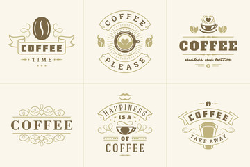 Coffee quotes vintage typographic style inspirational phrases vector illustrations set.