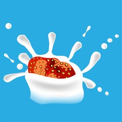 Strawberry background. Red splashes of milk in beautiful style on blue background. Splashes of milk, great design for any purposes. Fresh fruit. Water drop illustration.