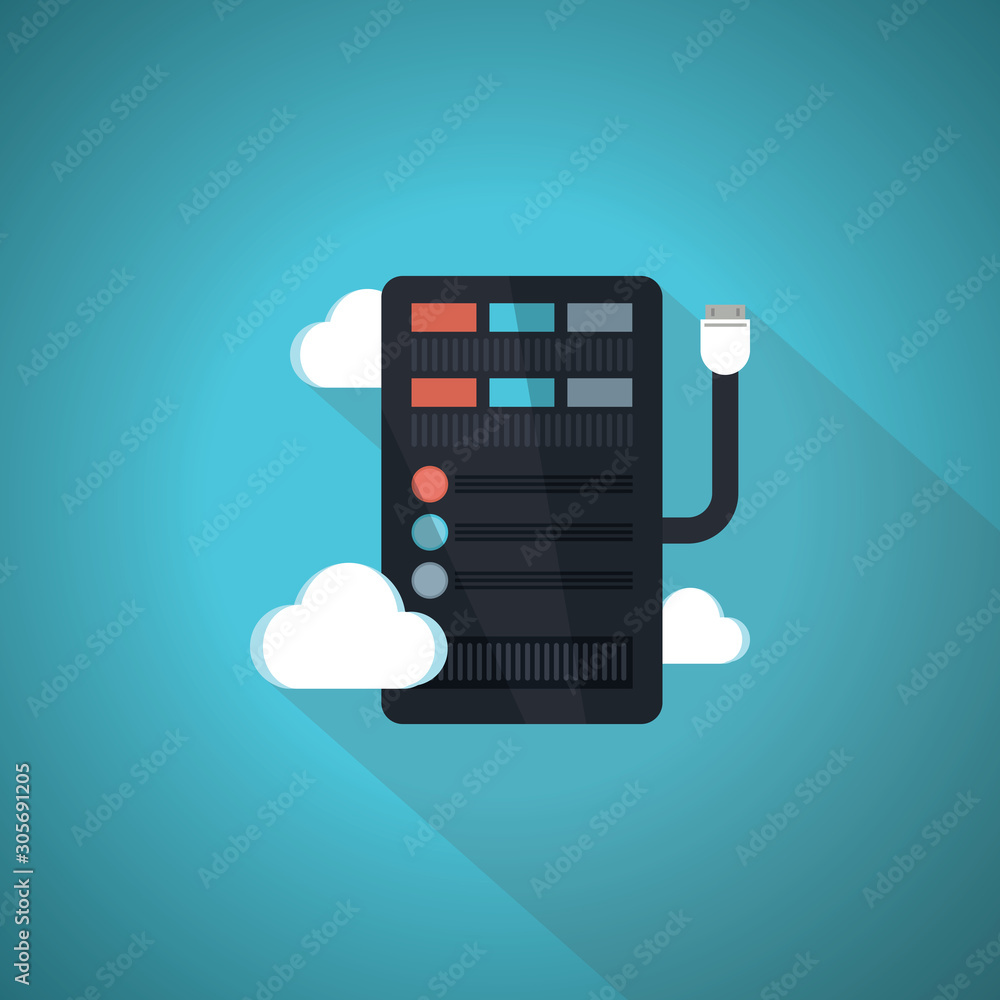 Poster isometric cloud computing services concept. vector illustration showing the laptop and web servers.