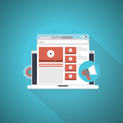 Video marketing icon concept. Making money from video with social network communication. Advertising webinar icon. Vector flat illustration for web banner